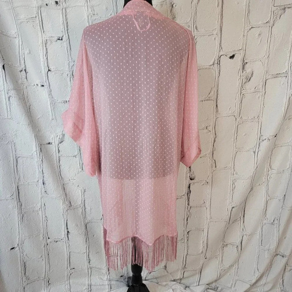 LIGHT‎ Pink Blush Color Swiss Dot Wide Sleeve Fringe Boho Kimono  one size - Picture 5 of 6